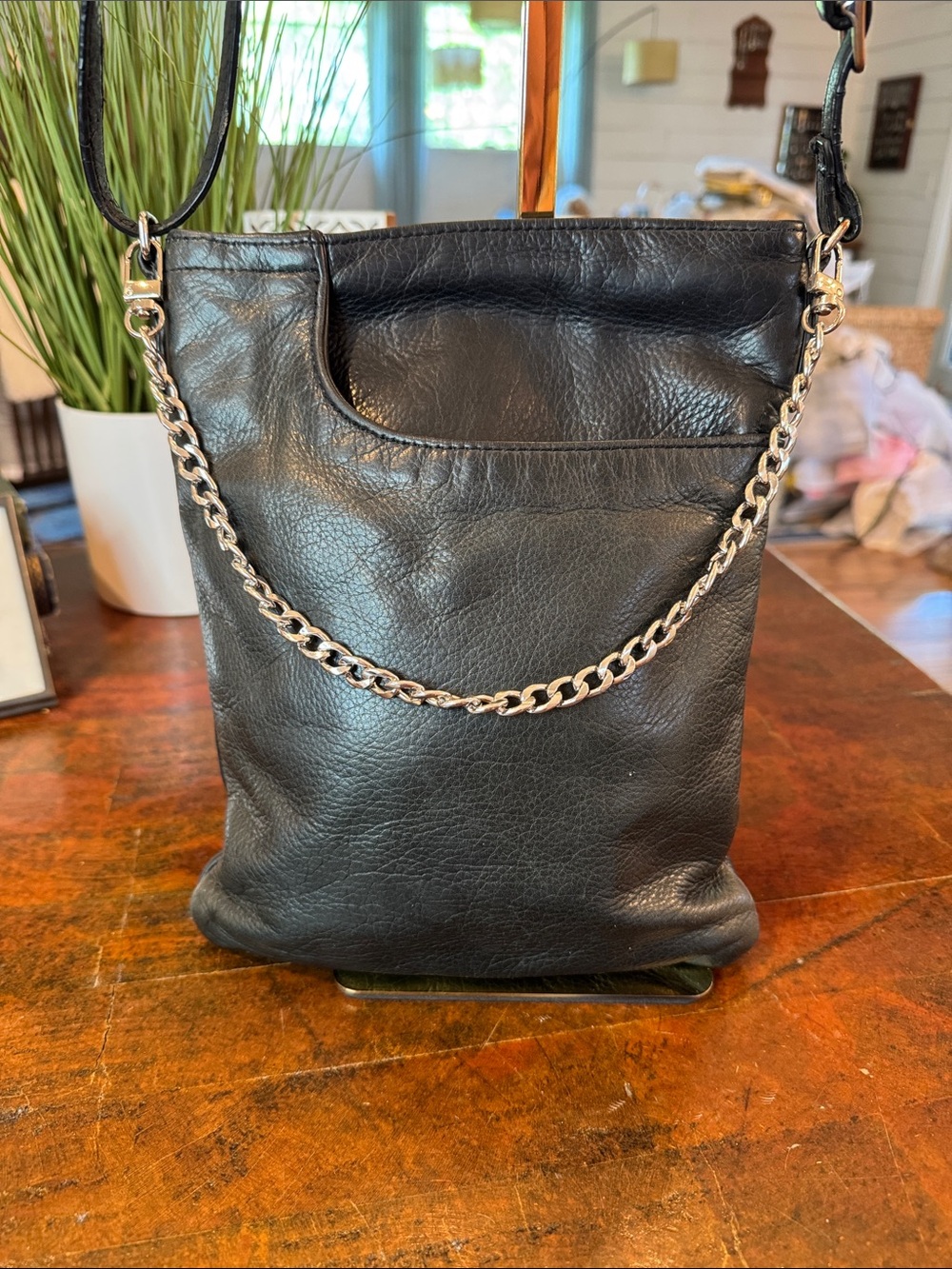 margot Black Leather Crossbody with Silver Chain Accent